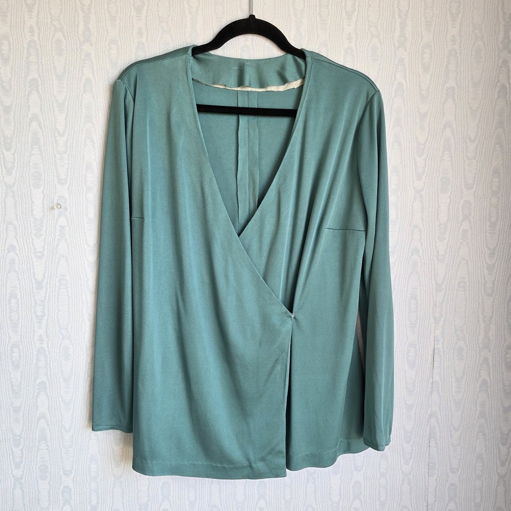 Vtg 70s Wrap Top L/XL Handmade Stretch Satin Long Sleeve Forest Green Holiday - Picture 1 of 6